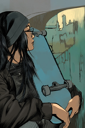 illustration of a young woman holding a skateboard deck lookin out of a train window.
