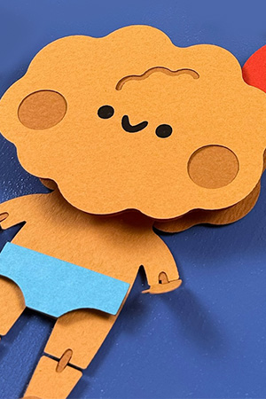 cut paper illustration of a character with a head made of fried food.
