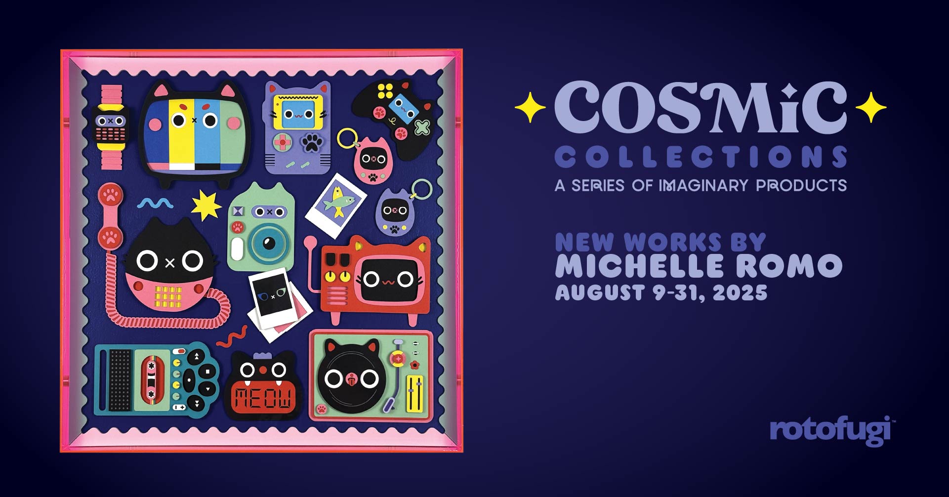 Cut paper artwork of cute electronic devices all with cat faces or cat shaped elements.