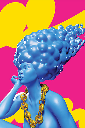 Stylized blue Afrofuturistic Woman wearing a gold chain in front of a hot pink background with fat yellow squiggles