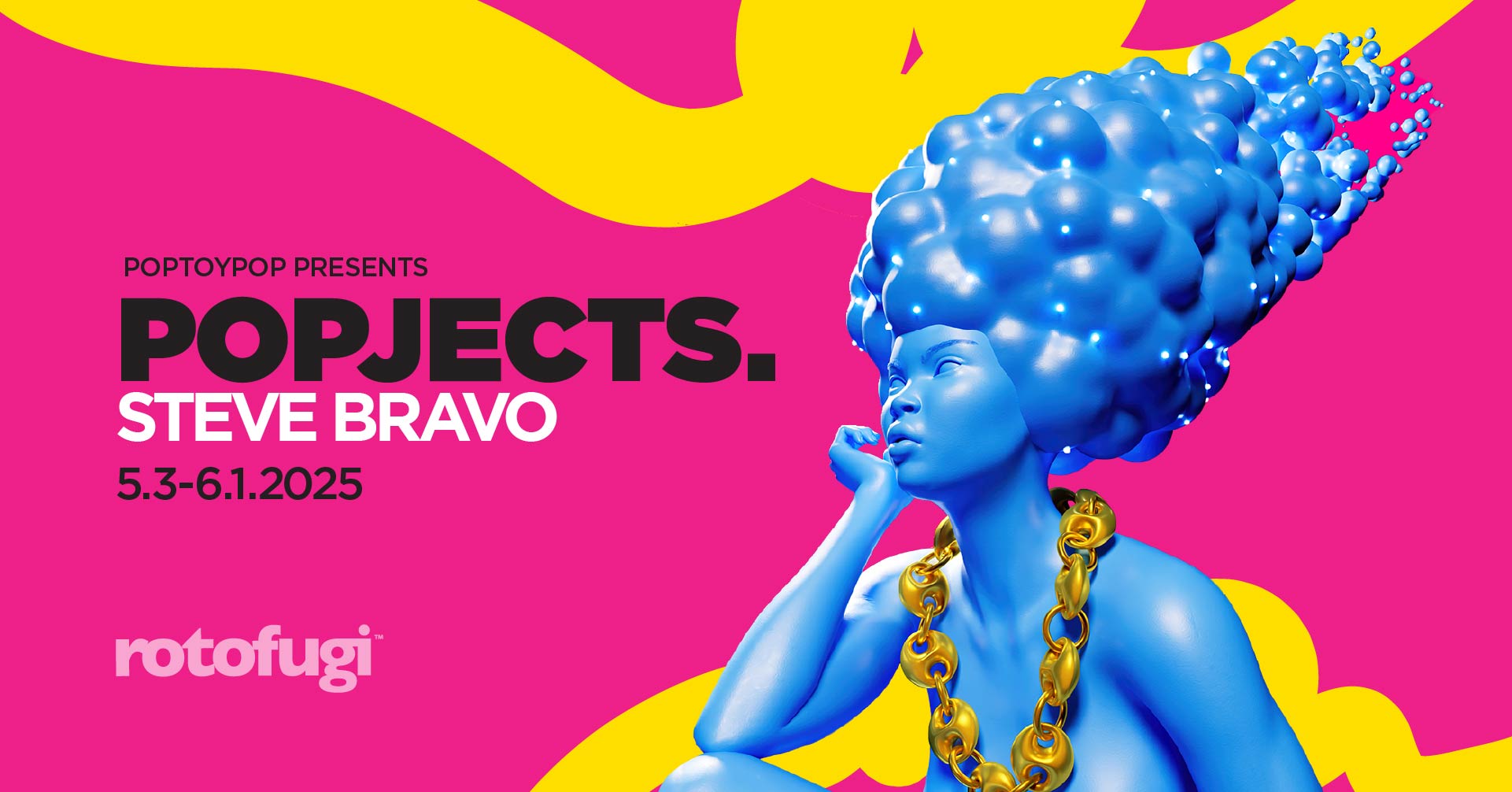 Stylized blue Afrofuturistic Woman wearing a gold chain in front of a hot pink background with fat yellow squiggles.