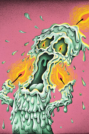 Drawing of a personified candle screaming with it's hands up to it's face