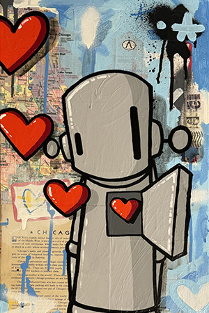 cute robot with hearts painting by ChrisRWK