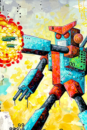 Colorful painting of a robot shooting missiles out of it's arm