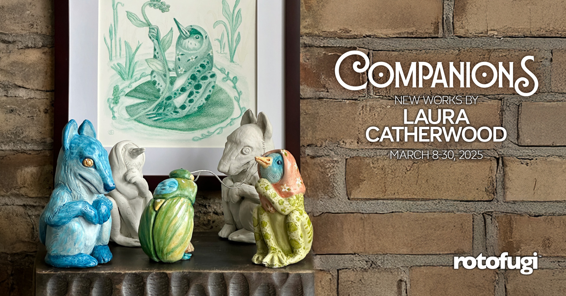 Companions Logo over image of framed drawing and cement sculptures in front of a brick wall