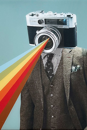 collaged image of a 1970s man with his head replaced with a camera which is shooting out a rainbow