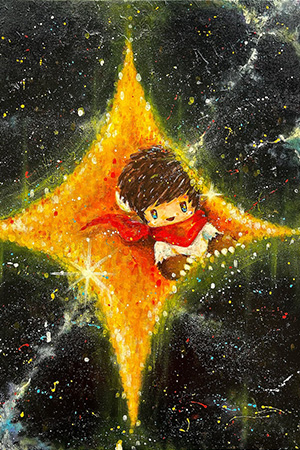 painting of cute monster boy in space