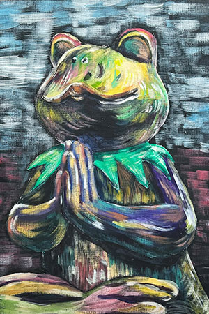 painting of kermit the frog as buddha on a black background